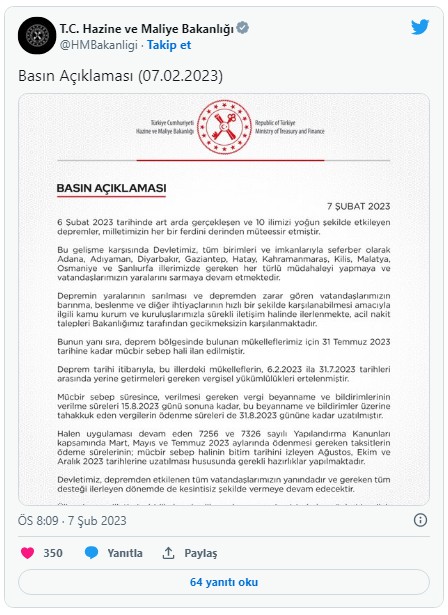 Hazine ve Maliye Bakanlığından deprem bölgeleri için yeni karar: Vergi ödemeleri ertelendi!